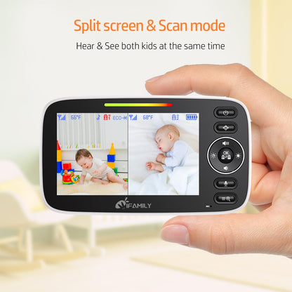 iFamily Split Screen Baby Monitor, Large Display Video Baby Monitor with 2 Cameras and Audio, Long Range, Remote pan tilt, Night Vision, Temperature Sensor, 2 Way Talk, Feeding Clock and lullabies.