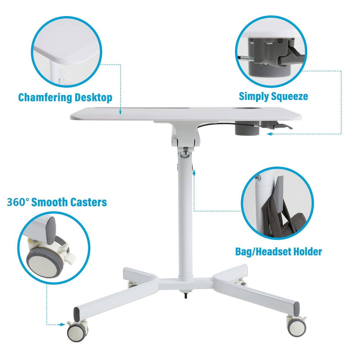 Lipo Mobile Sit Stand Desk - Height Adjustable Standing Laptop Desk Cart Rolling Couch Table on Wheels White Workstation with Gas Spring Riser for Home Office Classroom