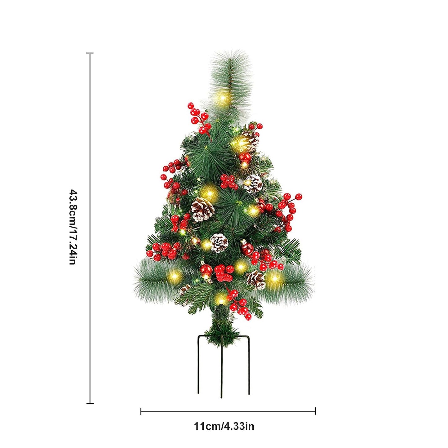 Prelit Artificial Christmas Trees Lights 17.2 Inch Solar Christmas Tree Pathway Lights with Stake Red Berries Pinecones Waterproof Xmas Urn Filler Solar Stake Lights Garden Decor(1Pcs/Solar Powered)