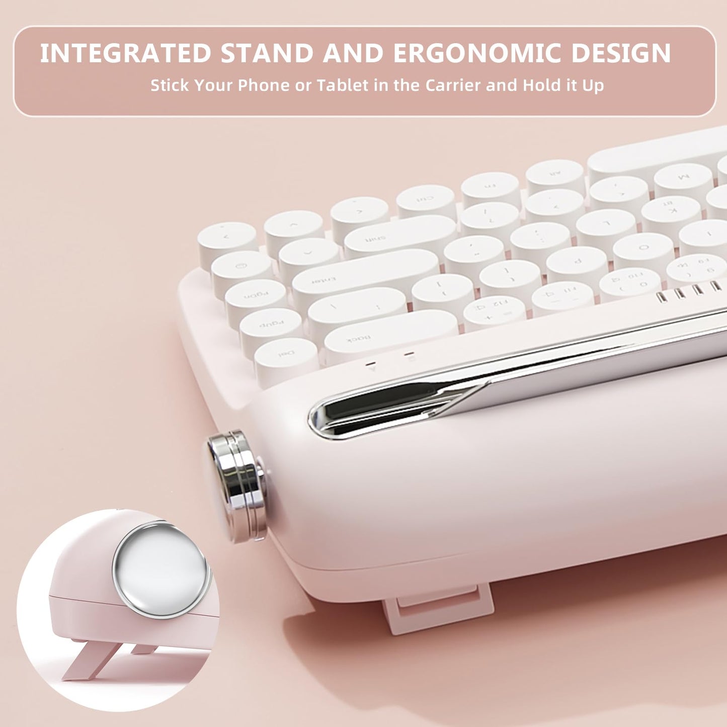 YUNZII Upgraded Wireless Typewriter Keyboard,with Retro Integrated Stand,USB-C/Bluetooth,Cute Round Keycaps, USB-C/Bluetooth Connection for Table, Phone, PC and Win/Mac/Android (B309, Baby Pink)
