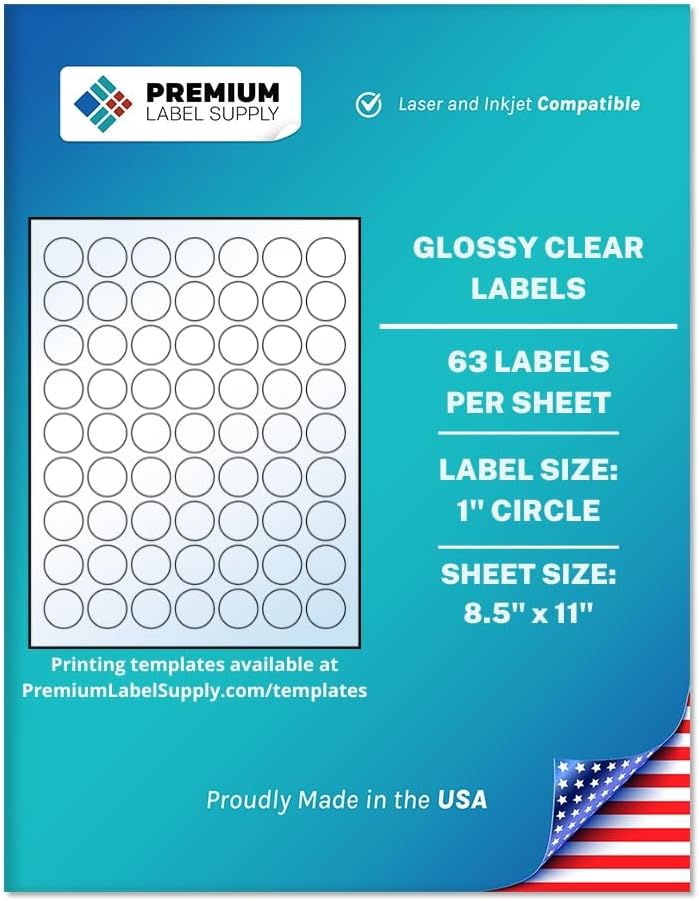Premium Label Supply Glossy Clear Sticker Round Labels – 1" Circle – Laser/Inkjet Compatible – (63 per Sheet), 1000 Sheets – 63,000 Total Adhesive Labels