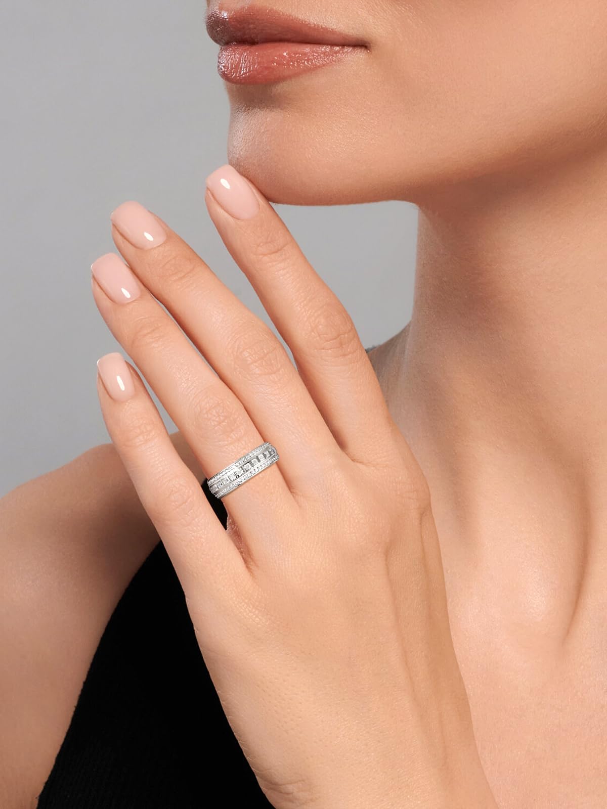Frbod Moissanite Eternity Ring for Women Princess Cut Diamond Band 3 Row Channel Set Moissanite Rings Size 5
