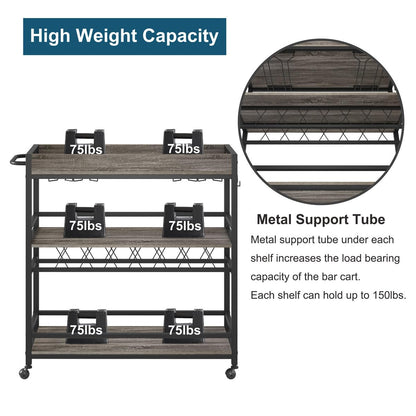 BON AUGURE Bar Cart, Home Bar Serving Cart on Wheels, Mobile 3 Tier Liquor Beverage Carts with Wine Rack and Glass Holder (Grey Oak)