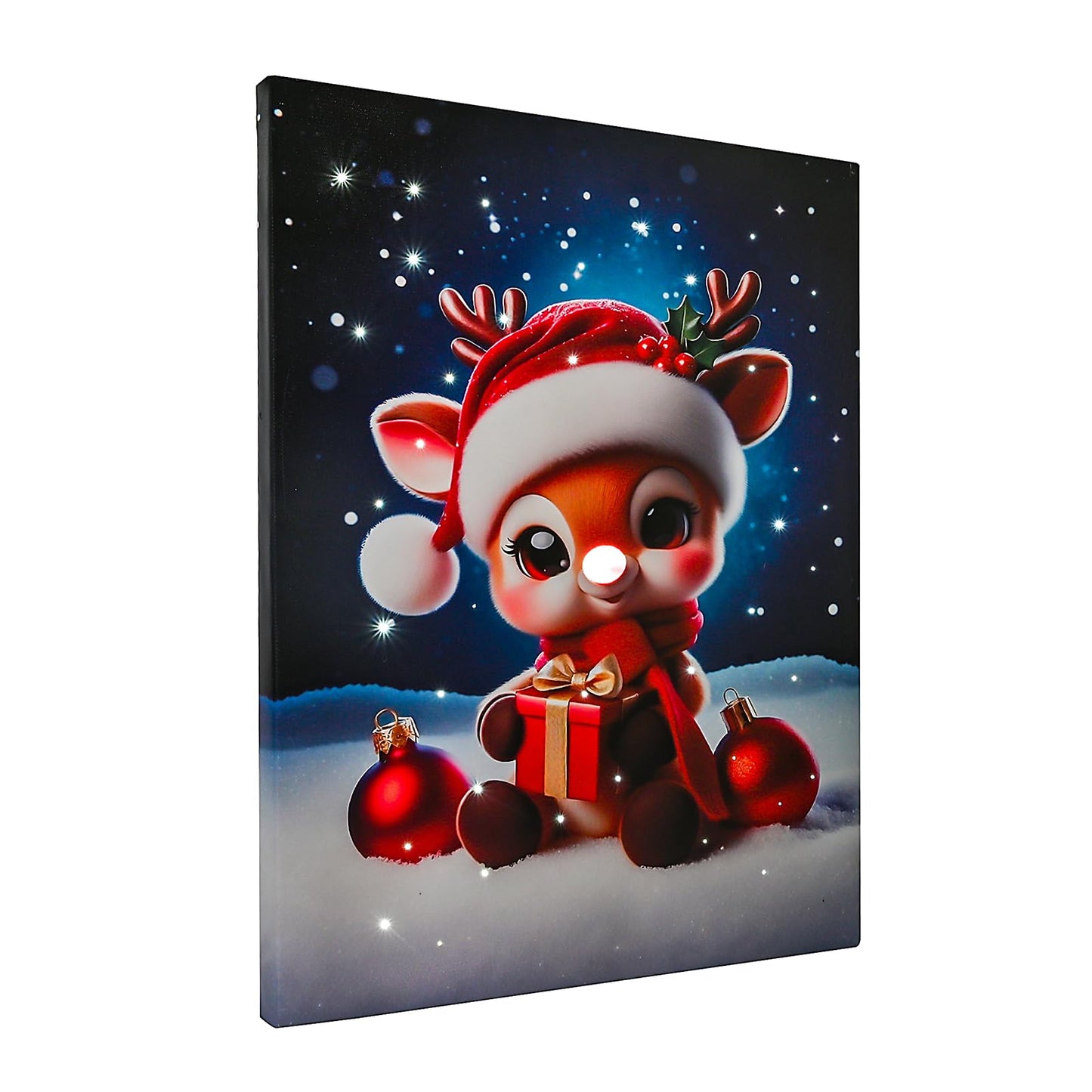 Fiber-optic Light up LED Christmas Canvas Wall Art w/Timer, Lovely Reindeer Baby Portrait Lighted Pictures on Battery, Ready to Hang Design, Cute Deer Christms Gifts Print for Kids Bedroom Wall Decor