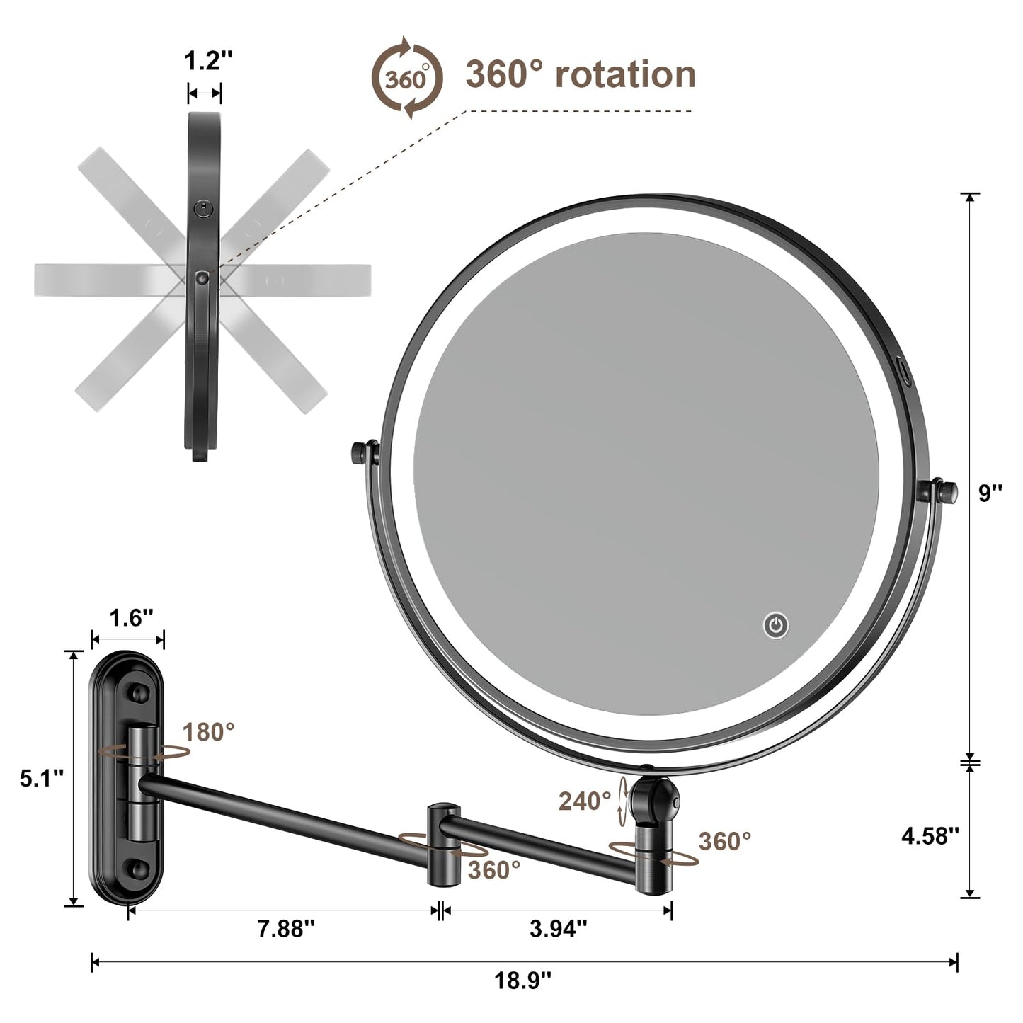 9" Wall Mounted Makeup Lighted Mirror, 4000mAh Rechargeable Double Sided LED Vanity Mirror with Height Adjustable&1X/10X Magnification, 3 Color Lights Touch Screen Dimmable 360°Swivel Bathroom Mirror