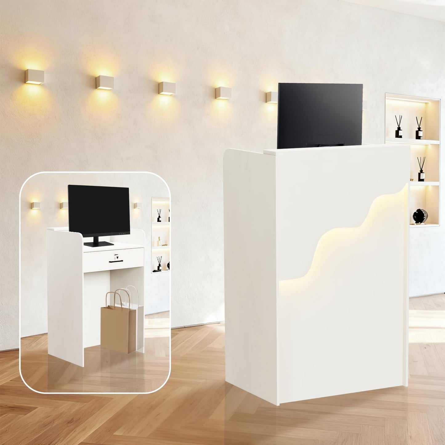 Reception Desk with Counter, Small Modern Front Desk with LED Light and Lockable Drawer, White Reception Table Retail Checkout for Counter for Lobby, Beauty Salon (37.8"L x 23.6"W x 15.7"H)