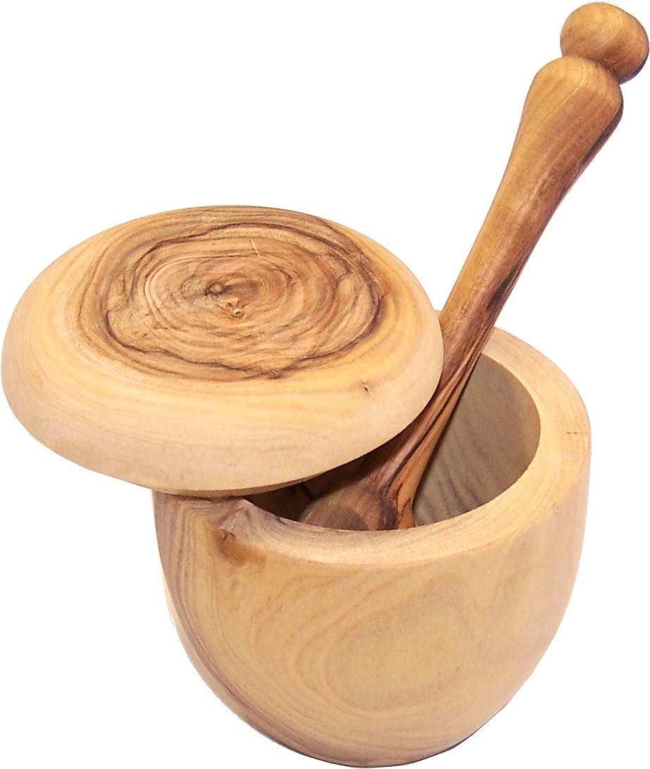 Holy Land Market Olive wood Salt Cellar with Olive wood long Spoon set (3 Inch Cellar and 5 Inches spoon) - Asfour Outlet Trademark