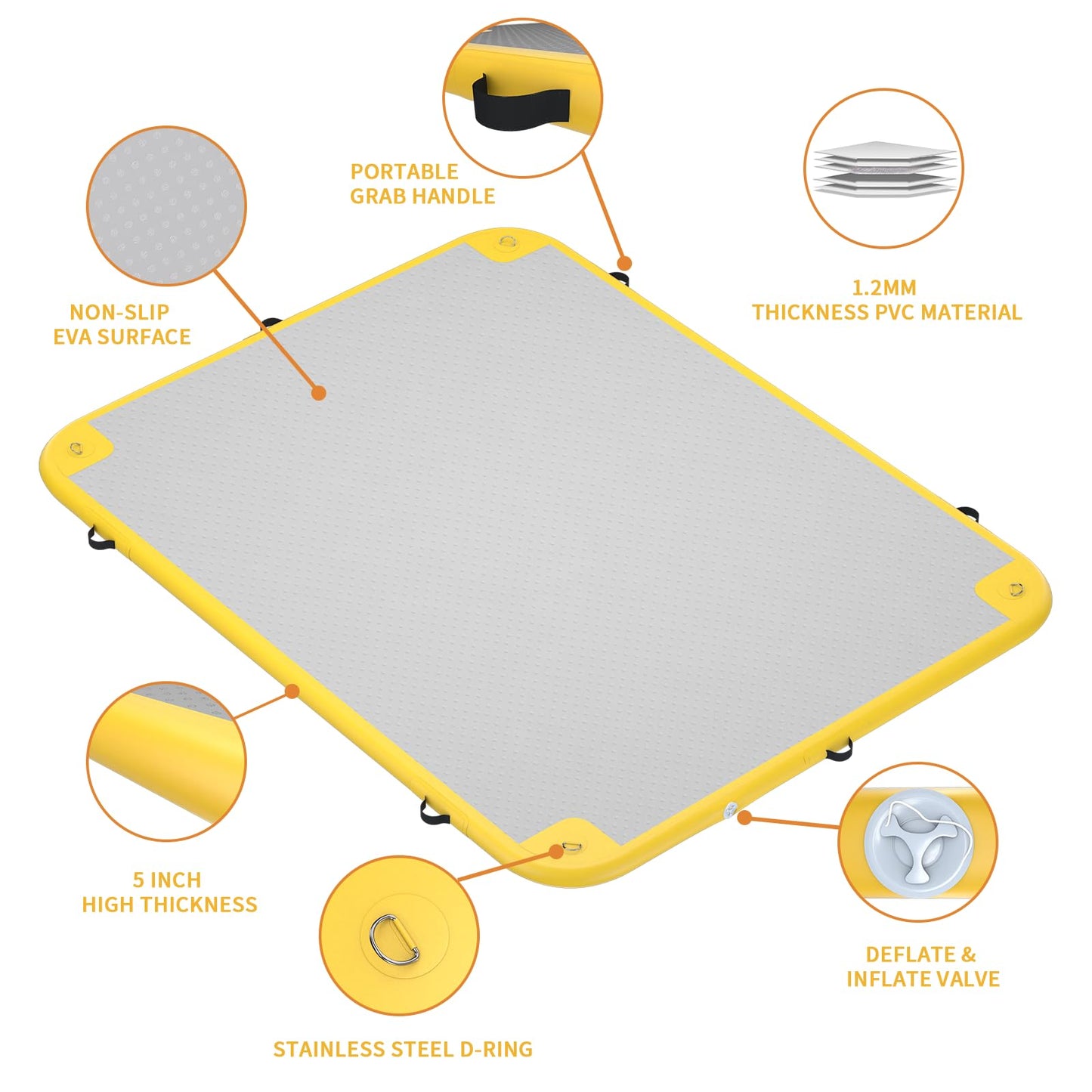 GONFLABLE 8x6ft Inflatable Floating Dock, Inflatable Water Platform Raft with Air Pump & Storage Bag, Floating Island Mat for Pool Lake Beach Ocean (Yellow, 8 x 6ft)
