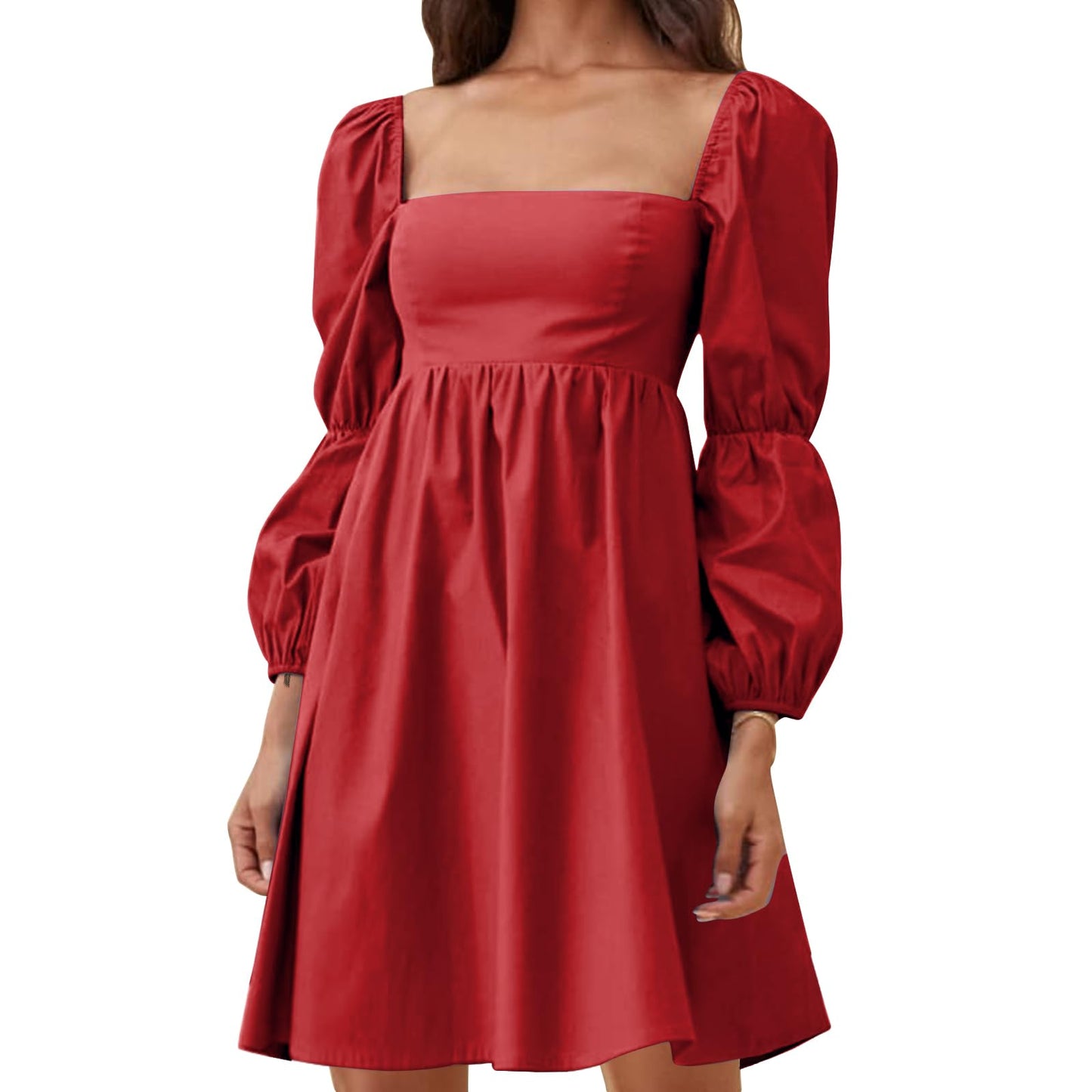 EXLURA Womens 2024 Casual Long Puff Sleeve Dress A-Line Square Neck Short Mini Dress Red