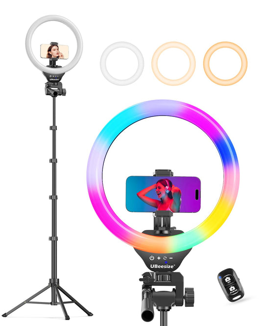 UBeesize 12'' RGB Selfie Ring Light with 62’’ Tripod Stand for Video Recording＆Live Streaming(YouTube, Instagram, TIK Tok), Compatible with Phones, Cameras and Webcams