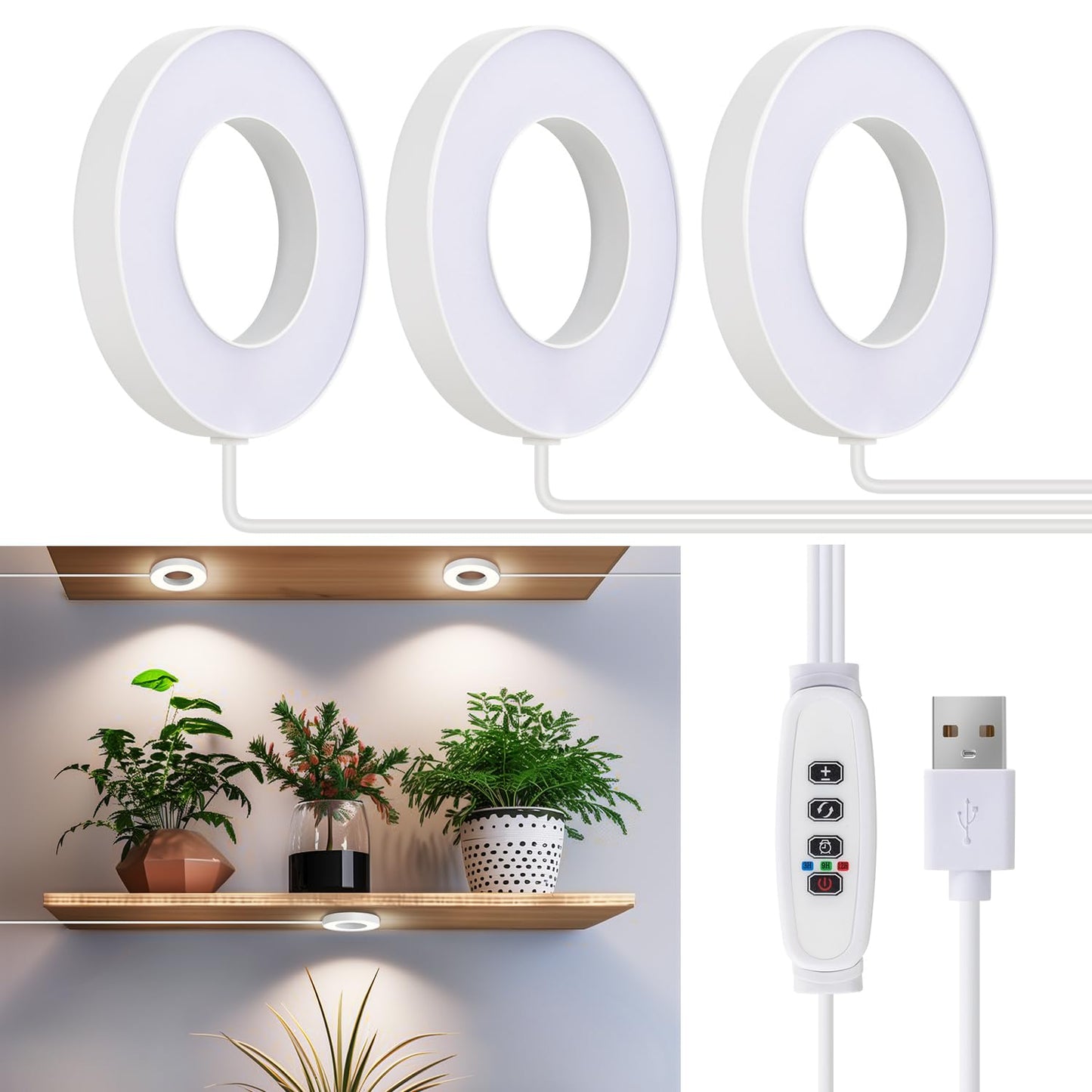 SIYOMG Ceiling Grow Lights for Indoor Plants, 144 LEDs Full Spectrum Halo LED Plant Light, with 3/9/12H Auto Timer Switch, 3 Colors,10 Dimming, Plant Lights for Small Plants, 3 Head