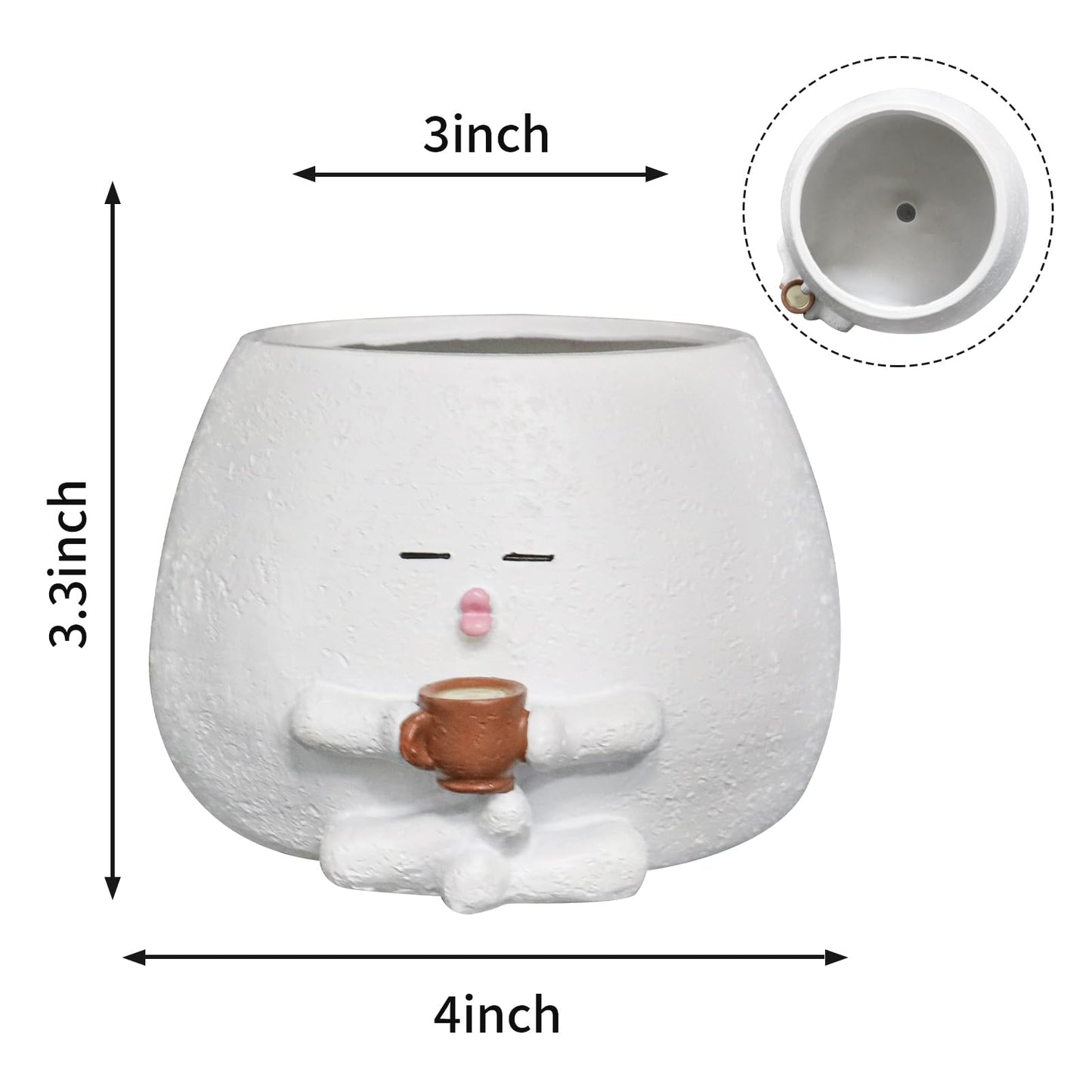 Toparad Smily Face Planter Pot with Coffee Cup Cute Resin Flower Head Planters for Indoor Outdoor Unique Sit Succulent Pots with Drainage Hole Gift IdeaI for Mother Christmas (White)