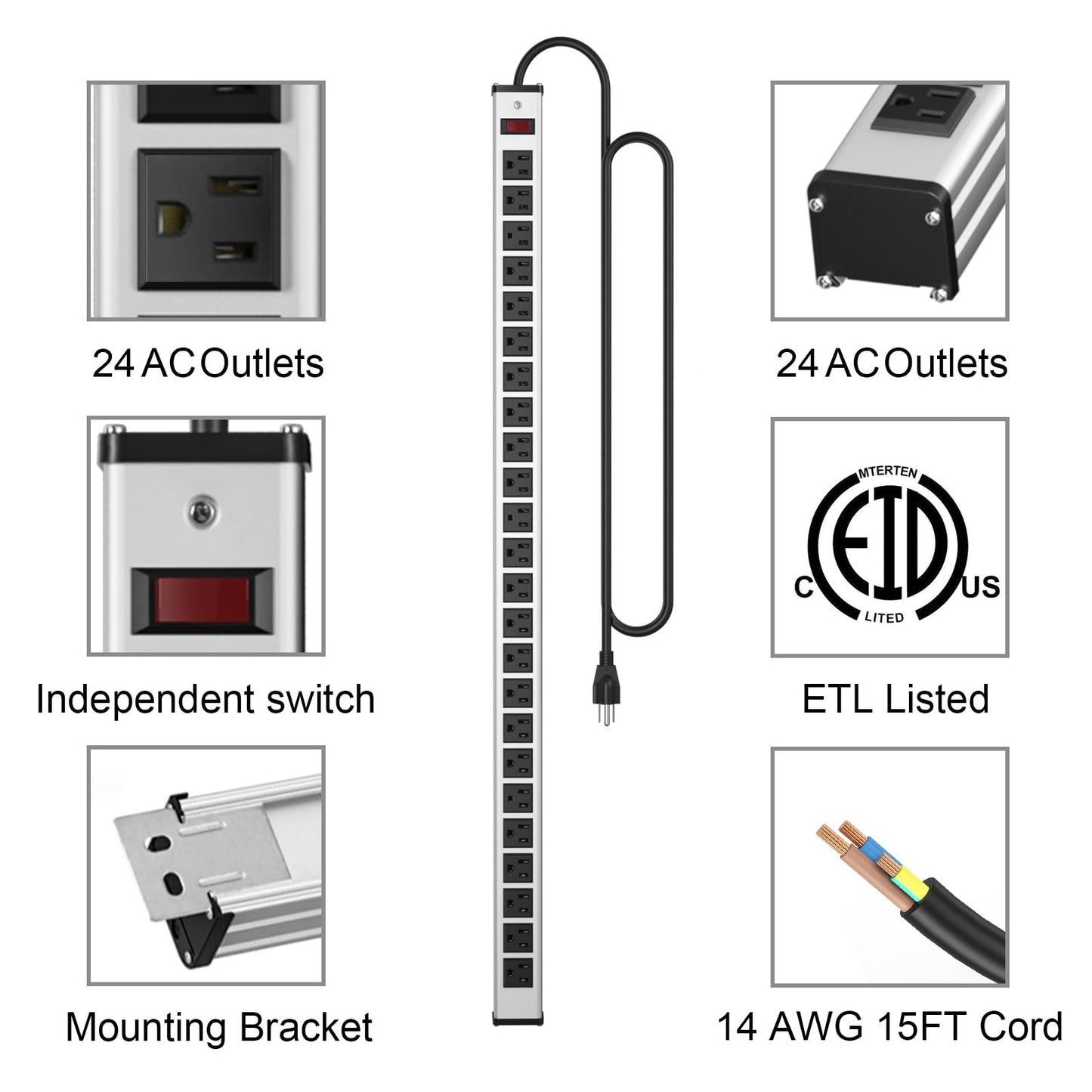20 Outlet Heavy Duty Metal Socket Power Strip,15-Foot Long Extension Cord with Circuit Breaker. Mounting Brackets Included,Workshop/Industrial use,ETL Certified