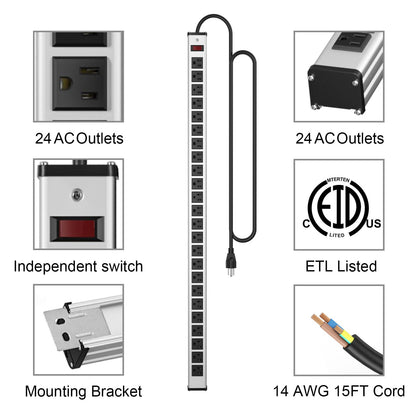 20 Outlet Heavy Duty Metal Socket Power Strip,15-Foot Long Extension Cord with Circuit Breaker. Mounting Brackets Included,Workshop/Industrial use,ETL Certified
