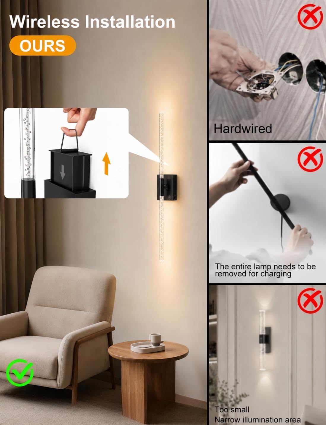 Crystal Bubble Battery Operated Wall Sconces Set of 2: 10000mAh Rechargeable Wall Lights with Remote, 360° Rotate 4CCT Modern Wireless Wall Lighting for Hallway Bathroom Bedroom Living Room Mirror