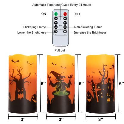 Homemory Halloween Candles, Orange Flameless Candles, Real Wax Flickering Battery Operated LED Pillar Candles with Remote Timers for Halloween Spooky Decoration, Day of The Dead, 3”x6”, Set of 3