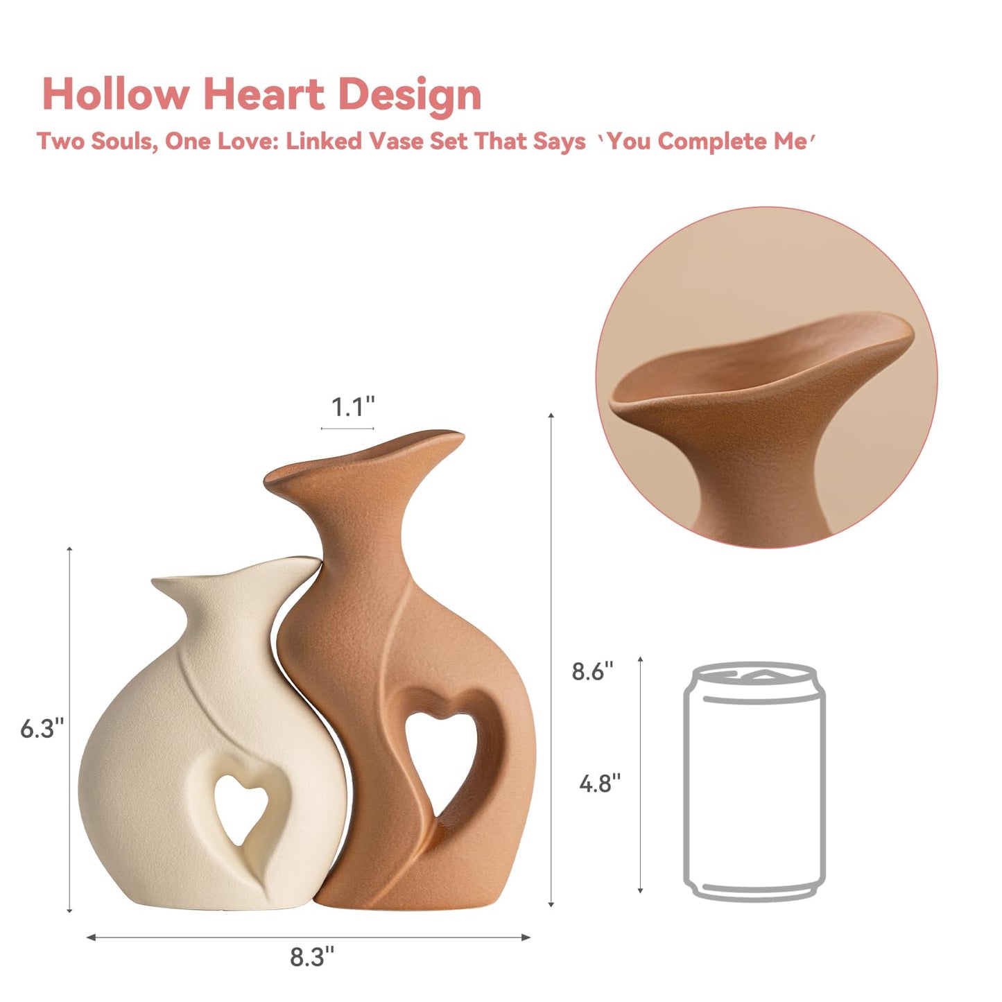 Heart Linked Couple Vase Set - 2-Pcs Beige & Brown Ceramic Vases with Hollow Heart Design, Romantic Gifts for Couples, Wedding Decor for Couple,Decorative Vase for Living Room/Dresser