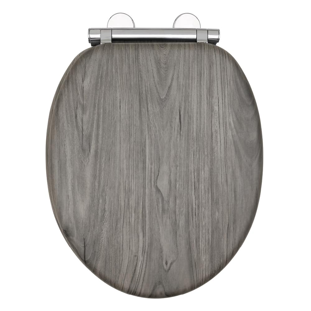 AQUALONA® Luxury Grey Oak Effect Toilet Seat - Soft Close MDF Moulded Wood Seat with Quick Release Button and Durable Hinges - Comfortable, Easy to Clean and Install with Universal Fittings