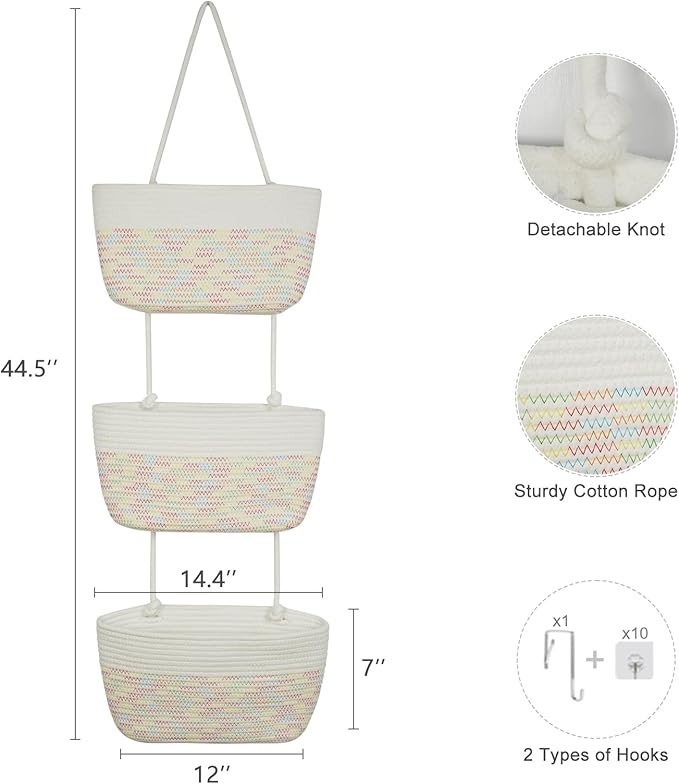 TeoKJ 3-Tier Woven Cotton Wall-Mounted Hanging Storage Baskets, Over the Door