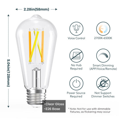 Linkind E26 Smart Edison Bulbs, 2700K-6500K Tunable WiFi Edison Bulbs with Remote Control, 8W 60W Equivalent Dimmable ST19 (ST58) Vintage Light Bulbs 800lm, Compatible with Alexa & Google Home, 4-Pack