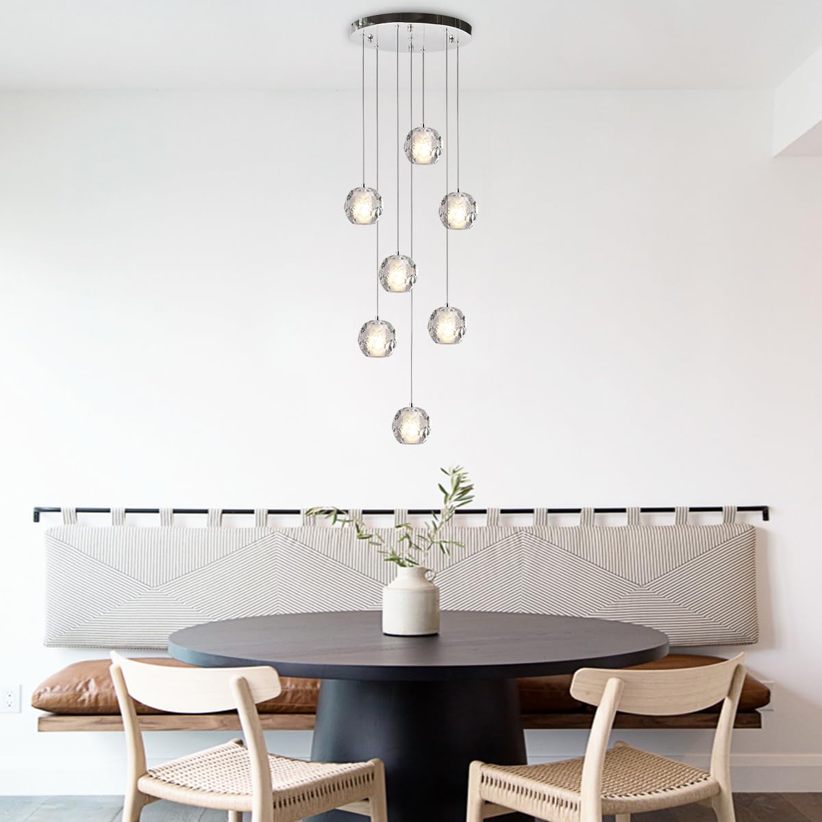 Yaskina Cluster Pendant Light, Modern 7 Lights Chrome Crystal Chandelier, Bubble Raindrop Pendant Lighting 59" Long Light Fixture for Foyer Entryway Staircase