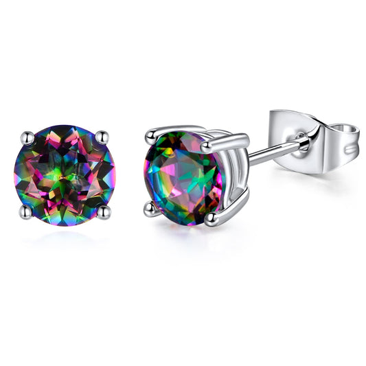 Womens Earrings 6mm Round Created Rainbow Quartz Mystic Topaz Gemstone 18K White Gold Plated CZ Ear Piercings Studs for Mens Earingssimple Hypoallergenic Jewelry Birthday Gifts