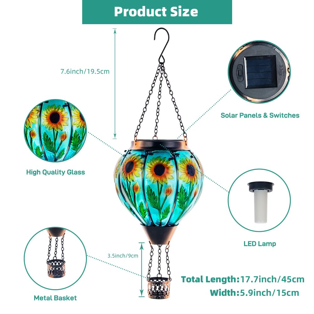 Starsoul Sunflower Hot Air Balloon Solar Lantern Glass Outdoor Hot Air Balloon Solar Flickering Flame Light Hanging Solar Lanterns Outdoor Waterproof Garden Patio Yard Party Decor