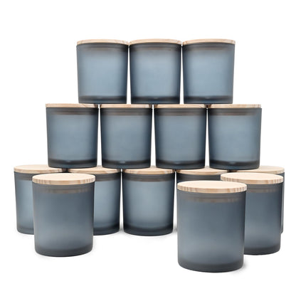 SHOWIN 10 OZ Thick Candle Jars for Making Candles 15 Pcs, Empty Jars with Wood Lids for Candle Making, Sample Container, Frosted Grey