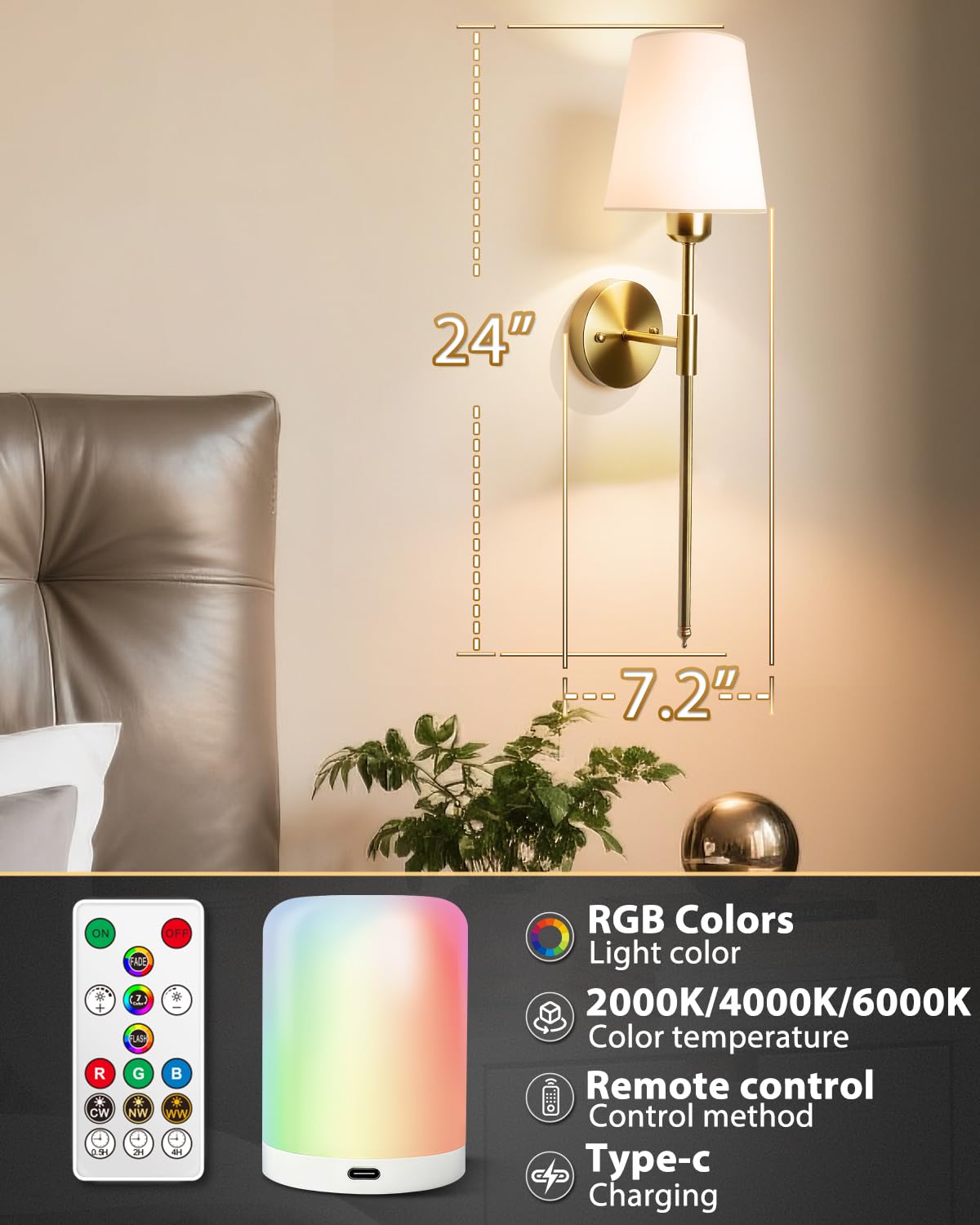 Adetu Wall Sconces Set of Two, Battery Operated Wall Sconce with 10000mAh RGB Dimmable Magnetic Bulbs and Remote, Rechargeable Wall Lights for Bedroom Living Room Hallway Decor