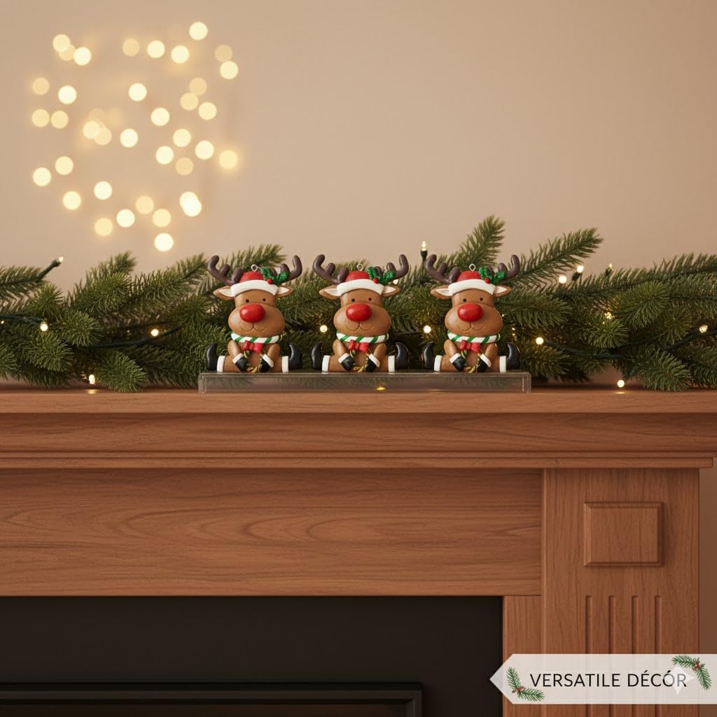 Set of 3 Cute Reindeer Hanging Christmas Tree Ornaments - Hand-Painted Resin Holiday Home Decor & Gift - Durable, Lightweight Xmas Decoration for Family, Friends, Teachers (Deer)