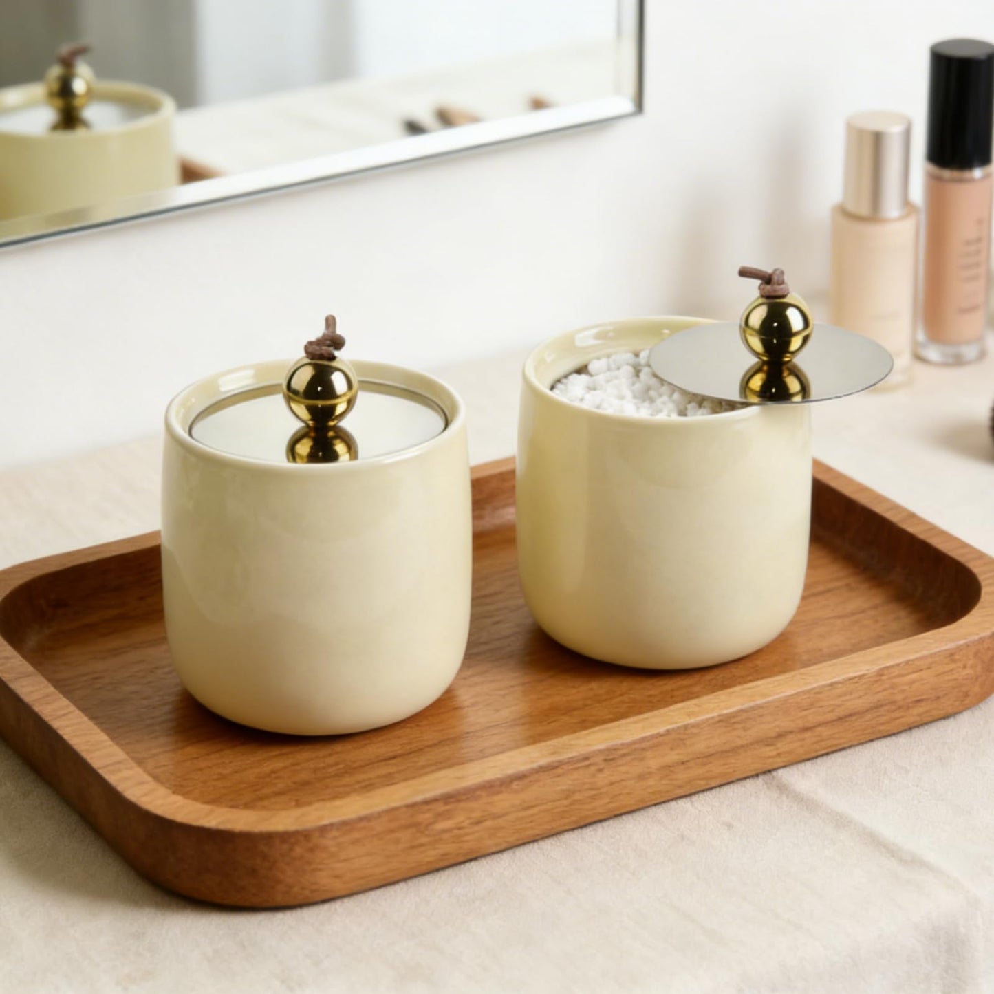 Ceramic Qtip Holder Dispenser with Gold Lids 2 Pack, Yellow Apothecary Jars Bathroom Vanity Organizer for Home Decor Bathroom Canister for Cotton Swabs, Rounds, Balls, Makeup Sponges, Bath Salts