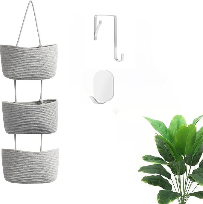 Hanging Baskets for Organizing, 3-Tier Woven Cotton Over the Door/Wall-Mounted