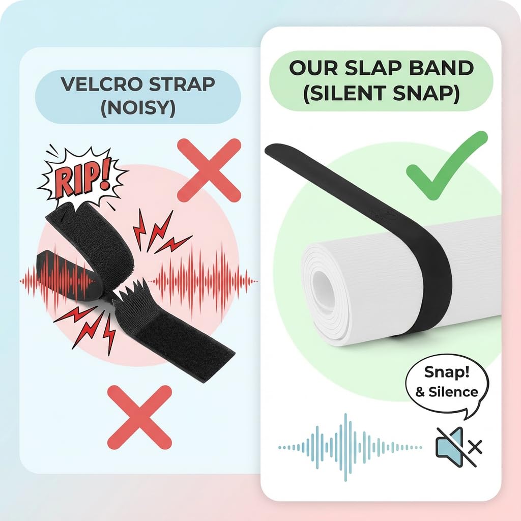 Yoga Mat Strap Slap Band- Extended Silicone Self-Rolling Mat Tie with Suction Cup Grip - Silent Snap Holder & Carrier for Thick Mats, Foam Rollers(25"L x 2"W) (Black)