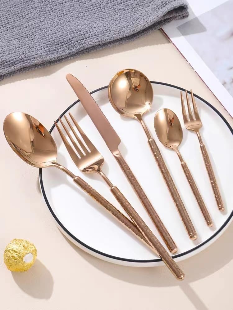 24pcs Rose Gold Silverware Set Cutlery Flatware Set for 4 Utensils Sets Stainless Steel Flatware Sets Premium Spoons And Forks Set Kitchen Restaurant Banquet Wedding Christmas, Hammered Handle