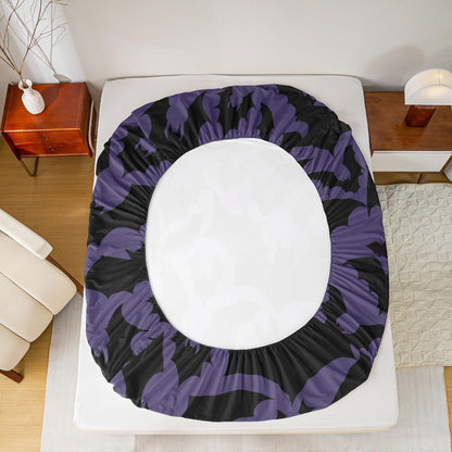Castle Fairy Halloween Themed Full Fitted Sheet 4pcs,Black Bats Animal Print Bed Sheet Set for Girls Teens Bedroom,Dark Purple Color Polyester Bedding Set with 1 Flat + 2 Pillowcases