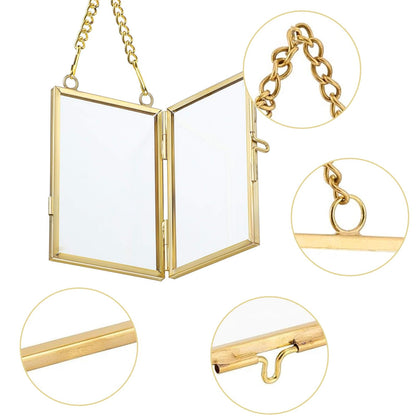 FOCHIER F 4 Pcs Pressed Flower Frame with Tweezers, Wall Hanging Tabletop Display Double Glass Frames with Metal Chain for Pressed Dried Flowers Plants, Horizontal and Vertical Picture Frame, Gold, FRAMES ONLY
