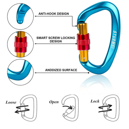 STURME UIAA Certified Climbing Carabiner Clips, 2 Pack 25KN(5623lbs) Screwgate Locking Carabiner Heavy Duty Caribeener Clips, Large Carabiner D Ring for Rock Climbing & Mountaineering