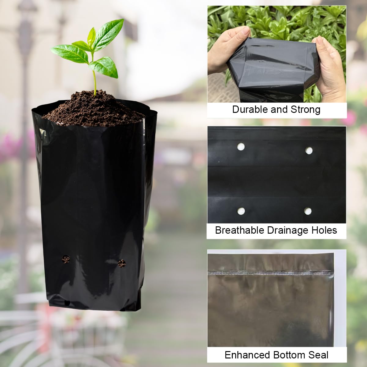 gardtree 100 Pcs Thicken Plastic Plant Nursery Bags 4.7" x 9.8", Grow Bags for Fruit Trees, PE Seedling Pots, Nursing Growing Pouch, Ideal for Flowers, Vegetables, Fruit, Plant Growing Containers