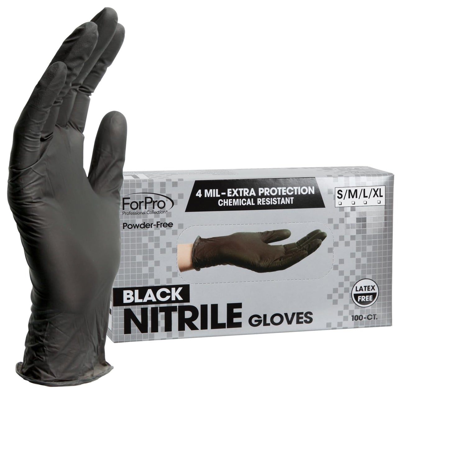 ForPro Disposable Nitrile Gloves, Chemical Resistant, Powder-Free, Latex-Free, Non-Sterile, Food Safe, 4 Mil, Black, Large, 100-Count