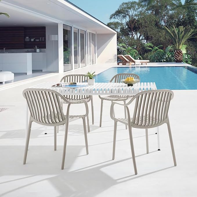Modern Stackable Outdoor & Indoor Plastic Dining Chairs Set, Outdoor Breathable Armchairs Set, Weather-Resistant, Ideal for Patios, Cafes, and Home Use, No Assembly, Set of 4 (Grey)