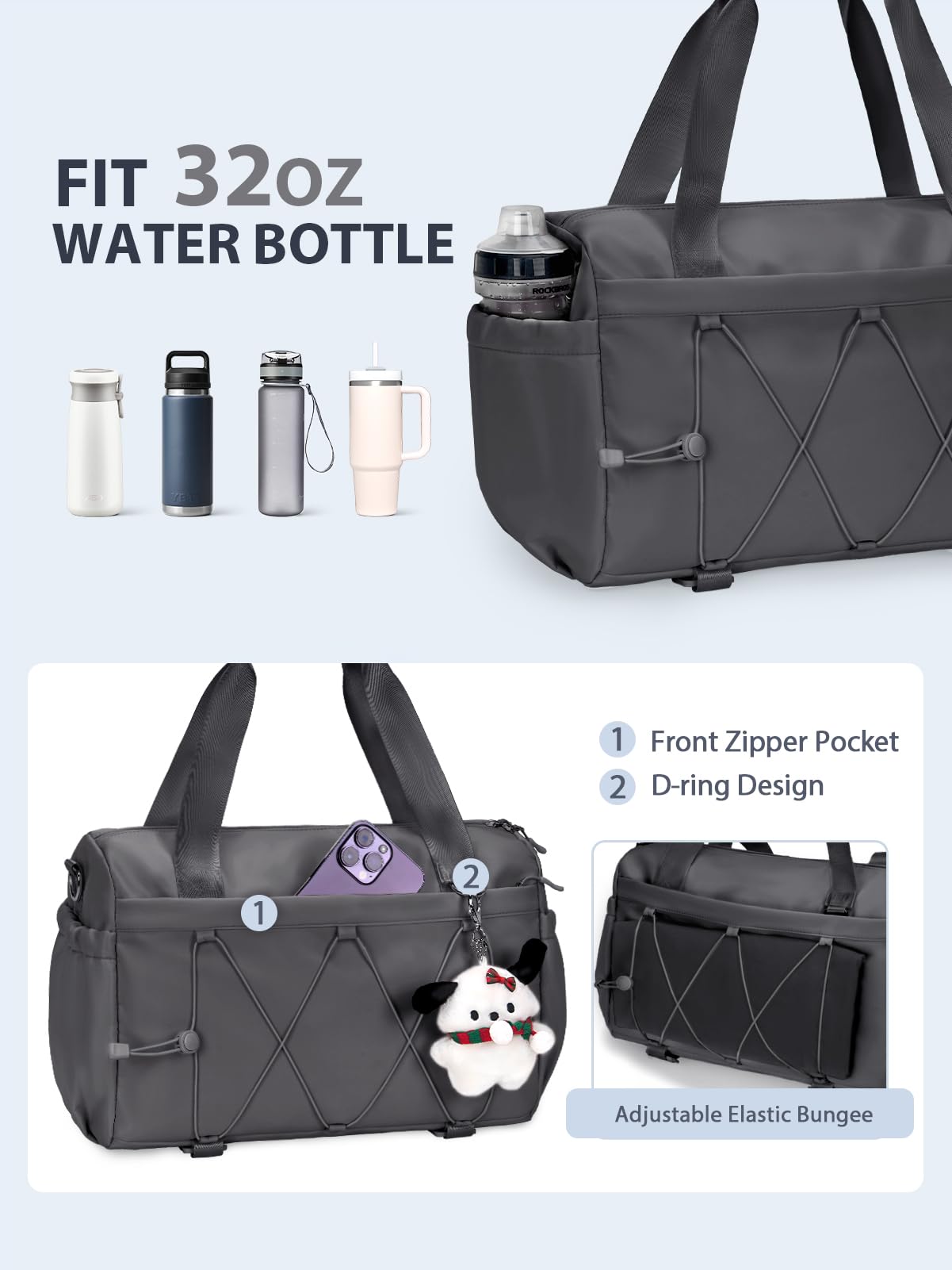 Small Gym Bag for Women with Yoga Mat Holder and Wet Compartment, Mini Gym Duffle Bag Yoga Bag with Water Bottle Pocket for Workout Travel, Dark Gray