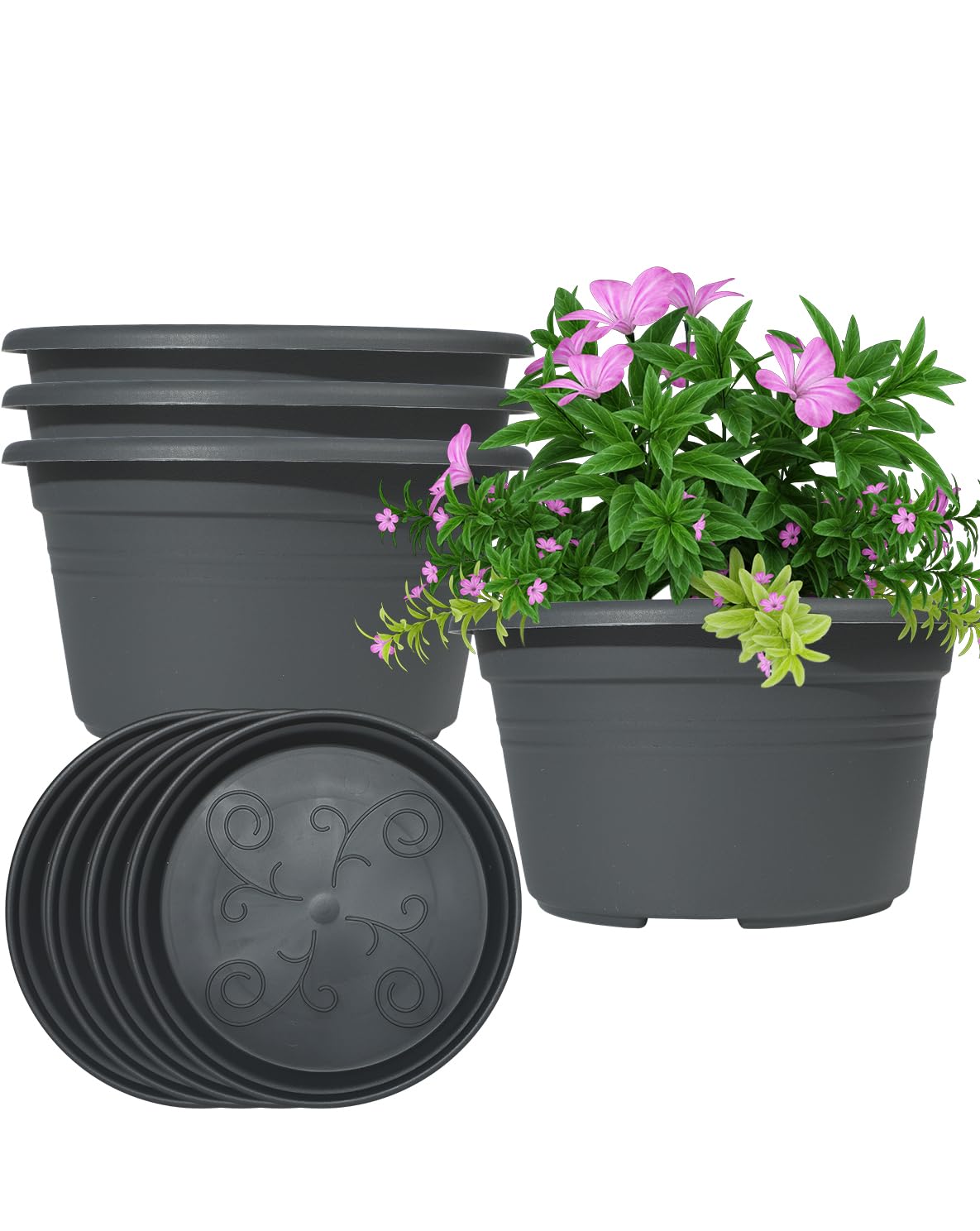 VIDELLY 10 Inch Gray Flower Pots 4-Pack, Plastic Planters with Drainage Hole & Tray, Indoor Outdoor Plant Pots for House Plants, Garden, Patio, Office Home Decor – Modern Decorative Plant Containers