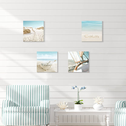 SD SOFT DANCE Beach Picture Coastal Artwork Painting: Bottle & Sailboat Blue Ocean Seascape Wall Art Canvas for Living Room (12” x 12” x 4 Panels) Visit the Store