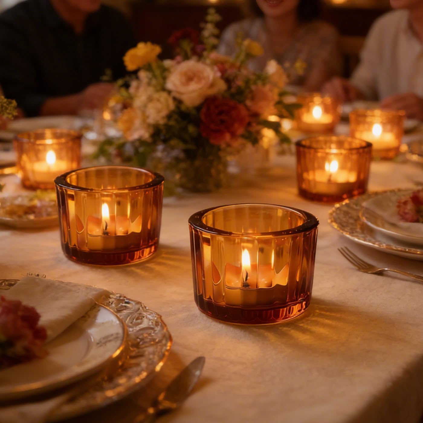 AUMAYCO Amber Tea Light Candle Holders Set of 12, 5cm x 3.5cm Glass Tea Light Holders for Table Centerpiece, Mini Votive Candle Holders for Weddings, Birthday Parties, Home Decor, Table Decor