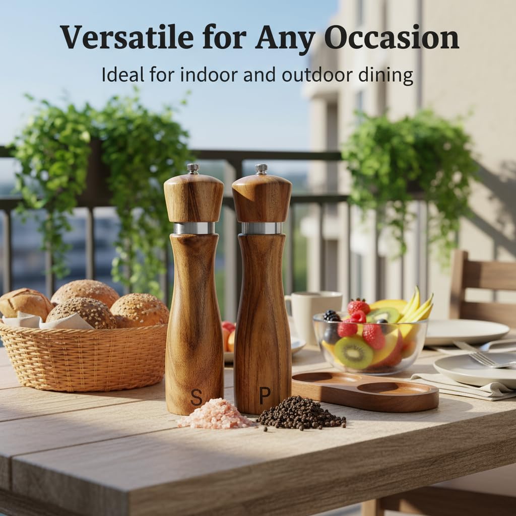Wooden Salt and Pepper Grinder Set,salt grinder refillable,Adjustable Coarseness,Crafted of Solid Acacia Wood with Ceramic/Stainless Steel Core|Along withl Spoon,Tray,8in,2pack,easy to clean