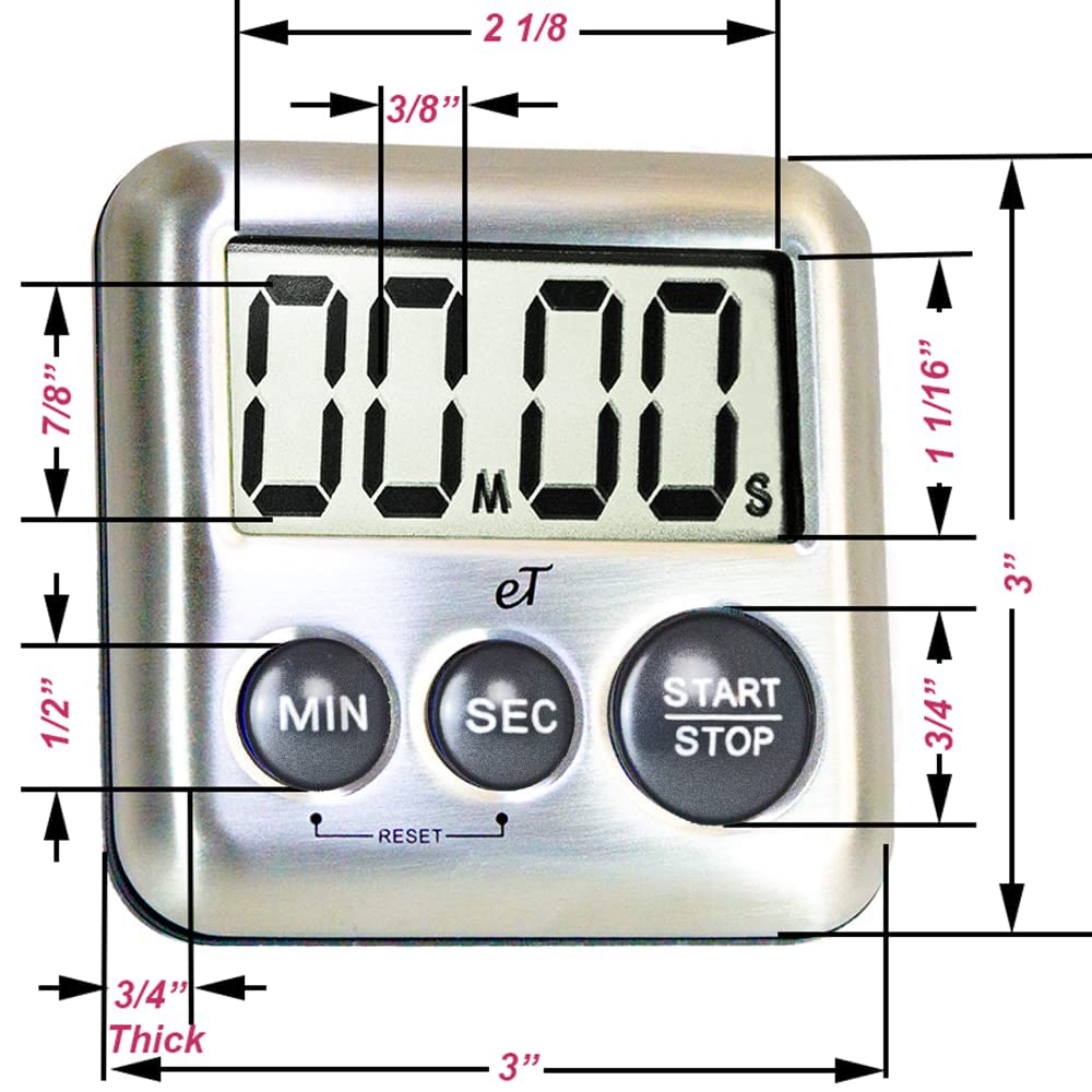 Elegant Digital Kitchen Timer Stainless Steel - Charcoal -Strong Magnetic Back - Kickstand - Loud Alarm - Large Display - Auto Memory - Auto Shut-Off (Charcoal) by eTradewinds