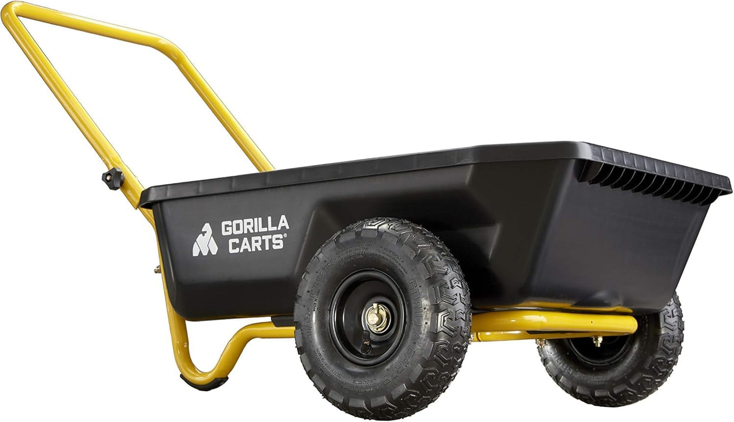 Gorilla Carts GCR-4 4 Cu. Ft Poly Yard Cart, 300-pound Capacity, Garden Cart with 30in x 24in impact-resistant poly bed and 10in pneumatic tires, Black/Yellow