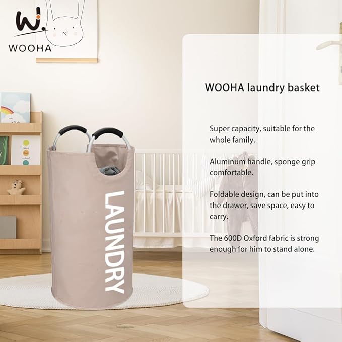 WOOHA 125L Large laundry basket, Collapsible laundry hamper, Tall Clothes