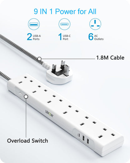 LENCENT Extension Lead with USB C Port, 3250W 13A, 6 Way Outlets Power Strip with 1 USB-C and 2 USB Slots, Multi Power Plug Extension with 1.8M Braided Extension Cord for Home Office, White