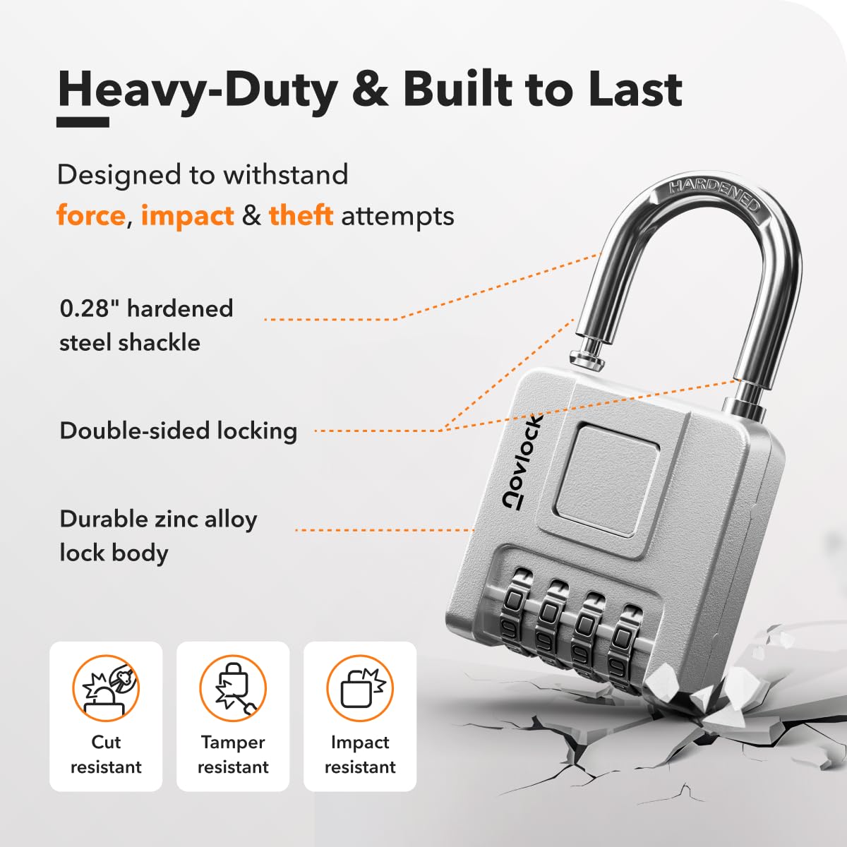 NOVLOCK Combination Lock for Outdoor & Indoor | Heavy Duty, Weatherproof, 4-Digit Security | Padlock for Lockers, Gates, Fences, Sheds, Storage | 1-Pack, Silver